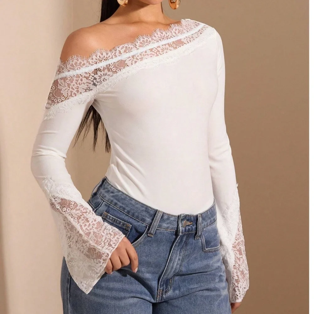 Burgundy Floral Lace One Shoulder Fitted Long Sleeve Bodysuit